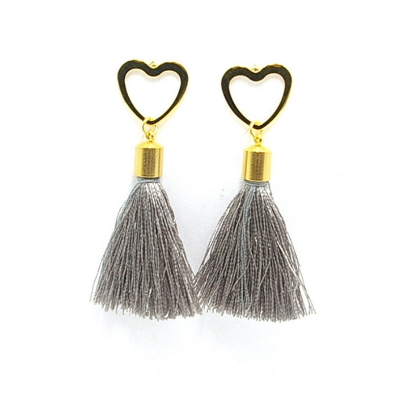 Oorbellen satijndraad kwast grijs met gouden hart steker
