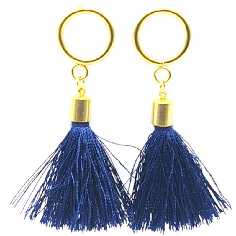 Oorbellen satijndraad kwast donkerblauw met gouden open ronde steker