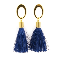 Oorbellen satijndraad kwast zwart met gouden open ovale steker