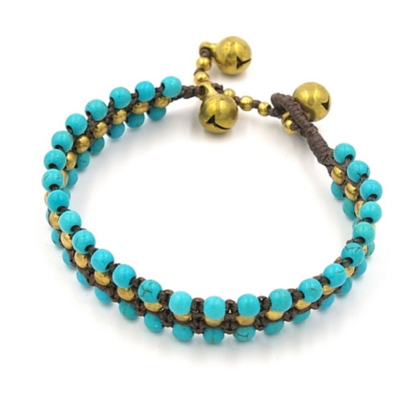 Armband 4mm 3 rij turquoise met oudgoud