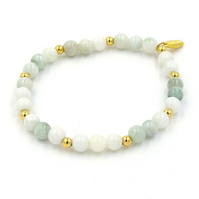 Armband 6mm steenkralen jade met verguld gouden balletjes