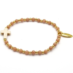 Armband 4mm steenkralen lichtbruin en verguld gouden balletjes en gekleurd turquoise kruis