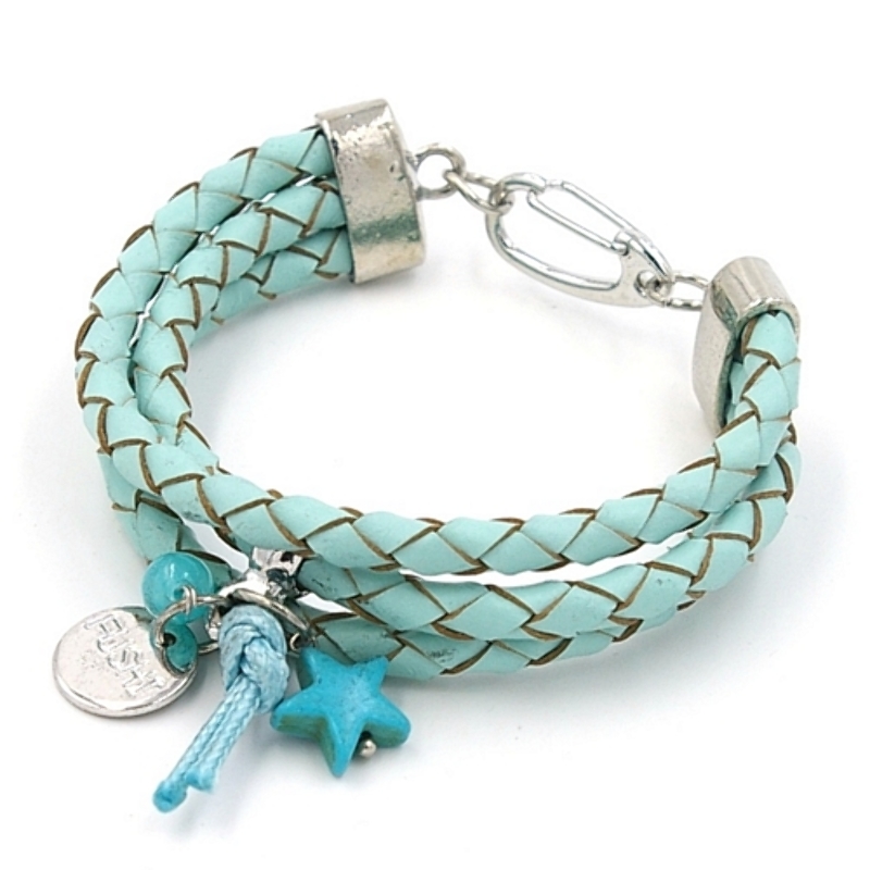 Armband gevlochten natuurleer 3 rij turquoise