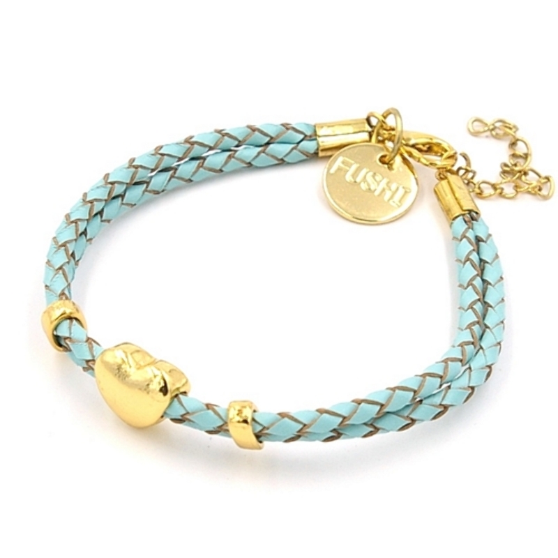 Armband gevlochten natuurleer met verguld goud hartje