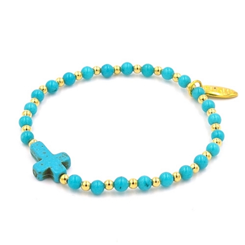 Armband 4mm steenkralen turquoise en verguld gouden balletjes en gekleurd turquoise kruis