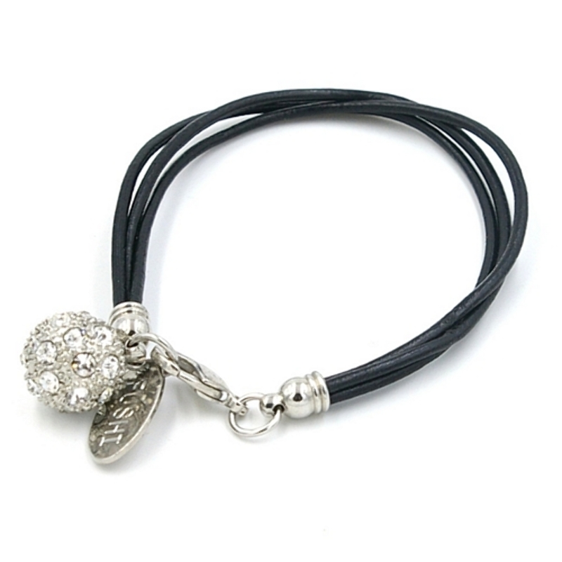 Armband natuurleer zwart met strass bal