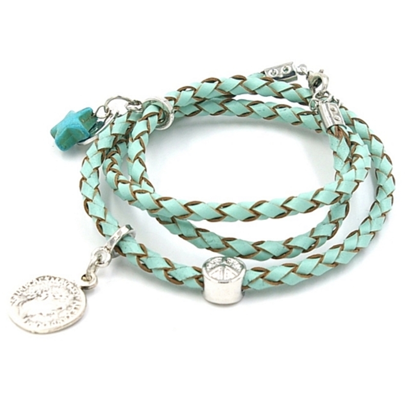 Armband gevlochten natuurleer wrap 3 rij turquoise