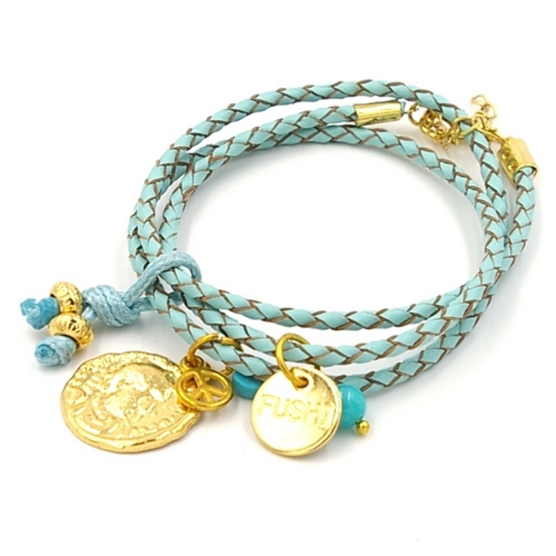 Armband gevlochten natuurleer wrap 3 rij turquoise